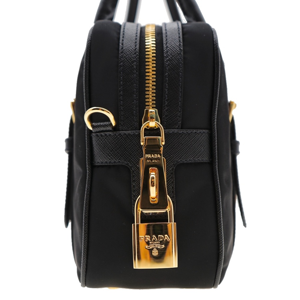 Prada Satchel Shoulder Bag Black Nylon & Saffiano Leather With Lock And Key New - Picture 7 of 9